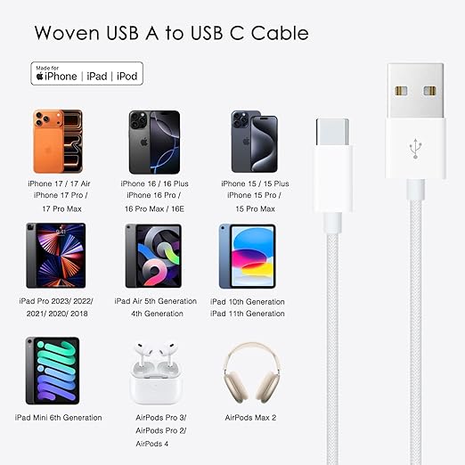 6ft USB A to USB C CarPlay Cable for iPhone 15/16/17, 15 16 17 Pro Max, 15/16 Plus, iPhone 16E,17Air, AirPods 4/AirPods Pro (2nd/3rd Gen),iPad 10th Gen, iPad Pro 12.9/11,Air 5th/4th Car Charging Cable