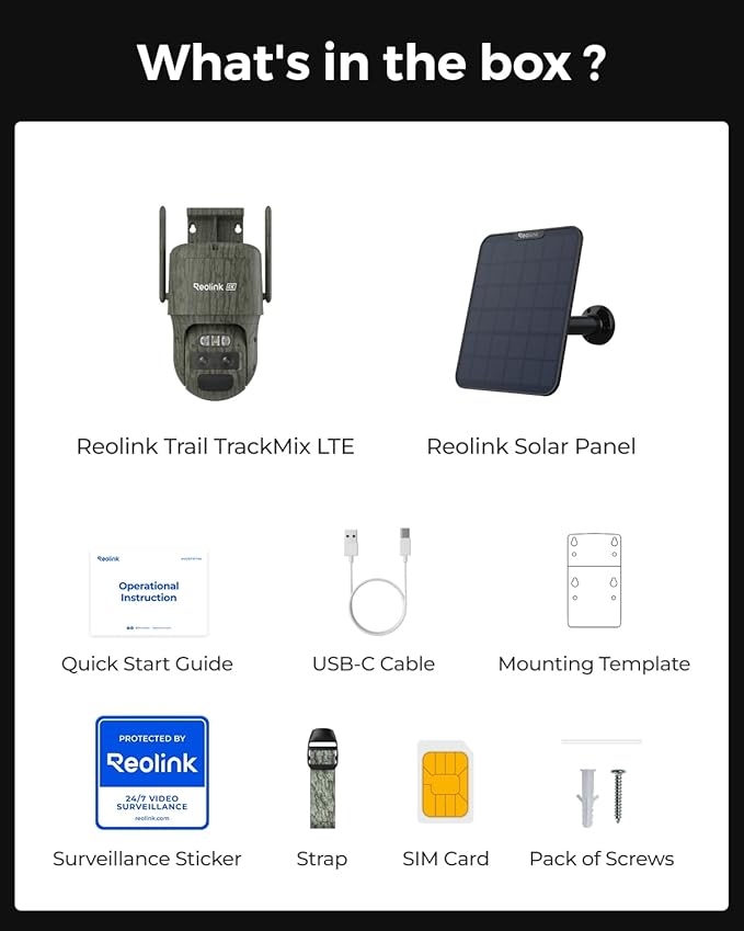 REOLINK 4K Dual Lens 4G LTE Cellular Security Camera, SIM Card Included, Wireless Auto Tracking Trail Camera, 6X Hybrid Zoom, No-Glow IR, Waterproof for Wildlife, TrackMix LTE Trail + Solar Panel 2
