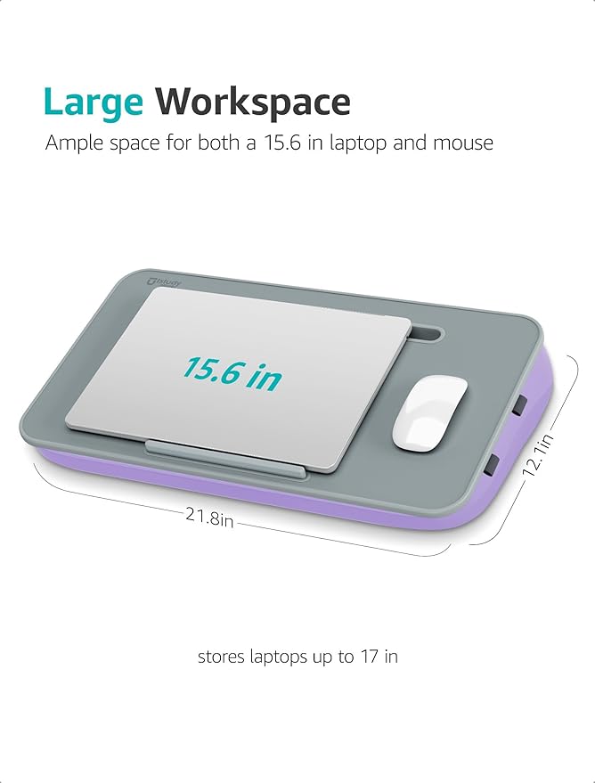 Istudyniture Lap Desk | Portable Laptop Desk & Stand – Fits Up to 17 inch – Washable Cushion, Built-in Phone Holder – for Bed, Couch, Sofa, Floor – Writing, Reading, Home Office – Large, Purple