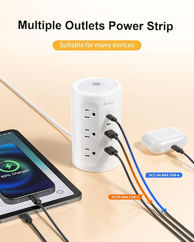Power Strip Tower with Night Light, 15W Surge Protector Power Strip with USB Ports, 10 FT Extension Cord with Multiple Outlets (12AC+3A+2C) for Home Office Desk DormRoom (White)