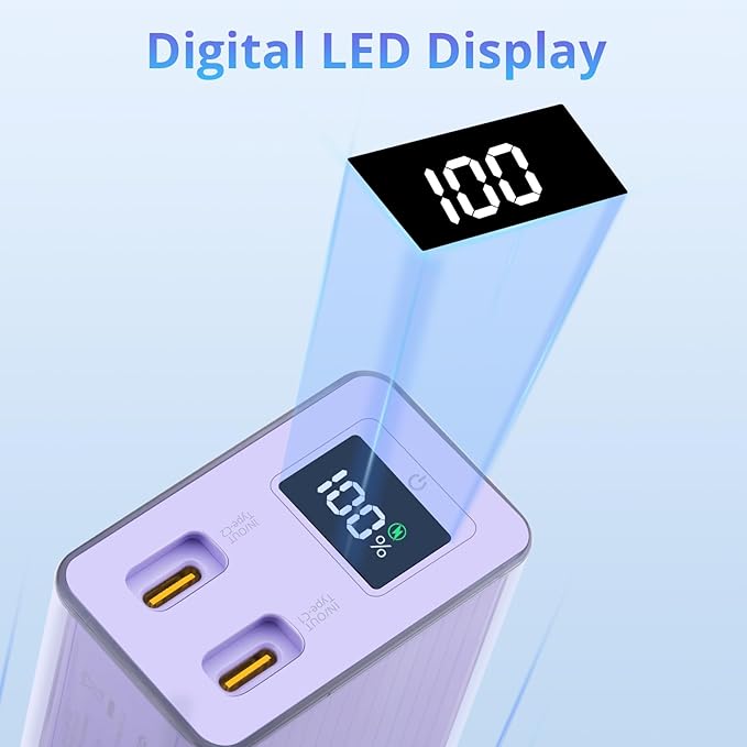 Miady Portable Charger Built-in Foldable Wall Plug, PD 30W 10000mAh Compact Power Bank has USB-C Cable & LED Display, Travel Essential Battery Pack Compatible with iPhone Galaxy Smartphones (Purple)
