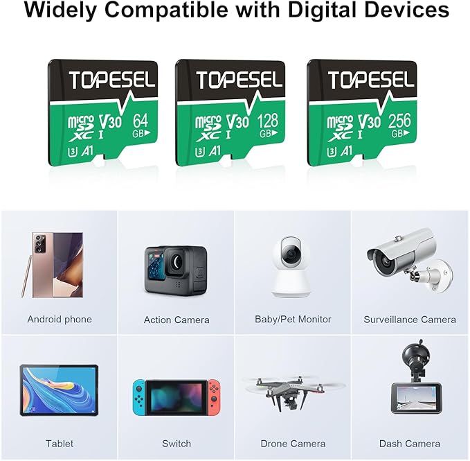 TOPESEL 128 GB Micro SD Card, 4K Camera Pro, UHD Video for GoPro, Action Camera, Drone, Smartphone, R/W up to 90/35 MB/s MicroSDXC Memory Card UHS-I U3 A1 V30