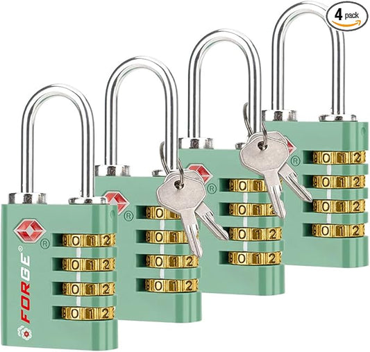 Forge Dual-Opening: Key or Combination Access Lock, TSA Approved Locks for Luggage, Pelican case, Travel, Gym, School, Stainless Steel Shackle. (Green, 4 Pk)