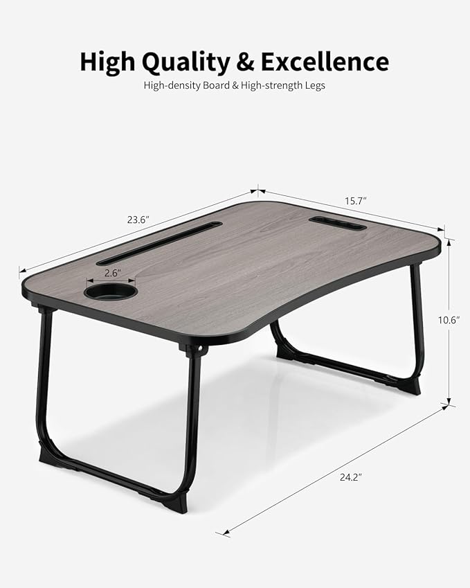 Foldable Lap Desk, Laptop Bed Desk, Portable Lap Table, Laptop Bed Table with Cup Holder & Tablet Slot & Lifting Handle for Working Writing Drawing & Eating - Gray Wood