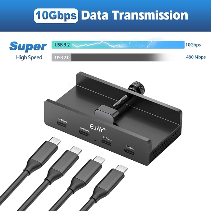 10Gbps USB C Hub - EJAY 4Ports Aluminum USB 3.2 Docking Hub Clamp Design for Desk/Computor with Extra Power Supply Port and 47inches Long Data Cable&39inches Power Cable(Black)