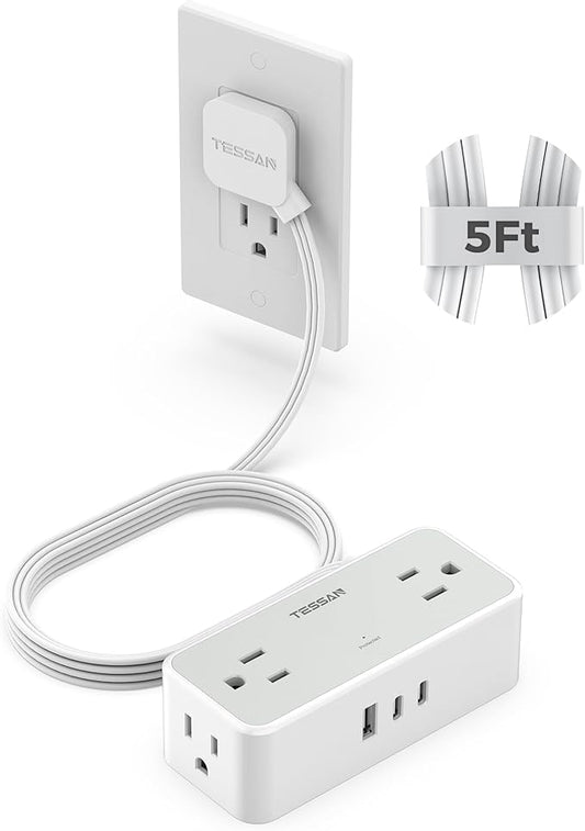 Flat Plug Extension Cord 5 FT, TESSAN Surge Protector Power Strip with 4 AC Outlets 3 USB Ports(2 USB C), 900 Joules Protection, Suitable for Home Office Dorm, Desk Organizers and Accessories