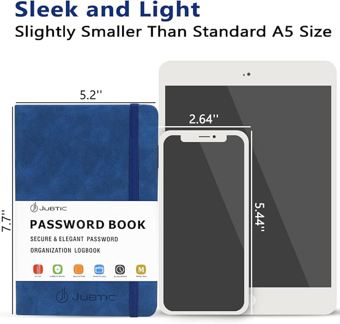 JUBTIC Password Book with Alphabetical Tabs. Medium Size Password Keeper Logbook for Internet Log in, Website Address. Hardcover Password Journal Notebook & Organizer for Home Office, Arabian Blue