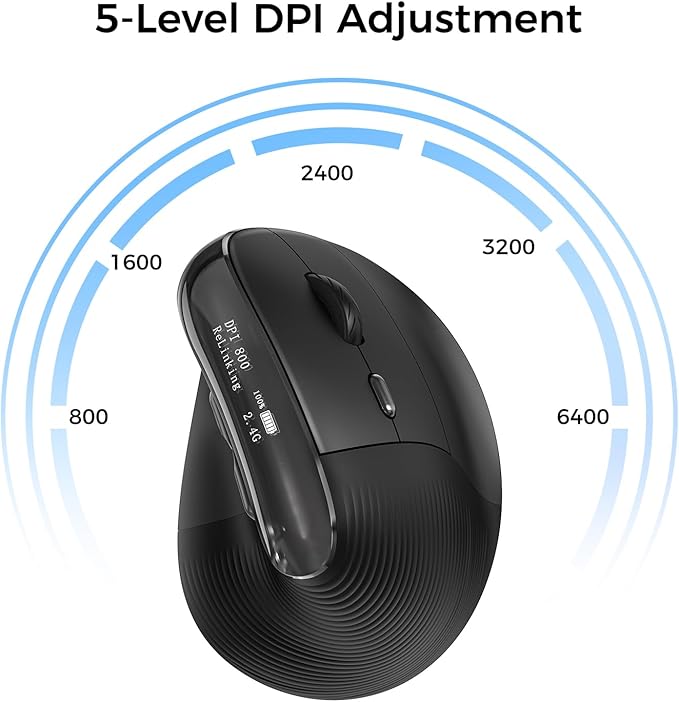 Wireless Ergonomic Mouse, Vertical Ergo Mouse with OLED Screen, Quiet Click, Rechargeable, Wired/Bluetooth/2.4GHz, 5 Adijustable DPI 800-6400 for Laptop, PC, Desktop, Computer, Black
