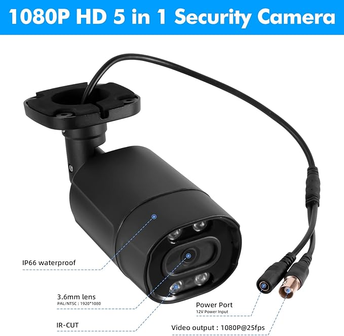 Fuers 1080P HD Security Camera Hybrid 5-in-1 XVI/TVI/CVI/AHD/CVBS CCTV Camera Outdoor Indoor, IR Night Vision,Weatherproof Metal Housing Bullet Camfor Analog Surveillance DVR,2MP