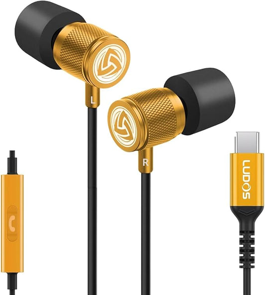 LUDOS Ultra USB C Headphones for iPhone 16 15 Pro Max Plus iPad Pro, 5 Years Warranty, Magnetic USB-C Earbuds for Samsung Galaxy S24 S23 Ultra S22 S21 FE S20 A55 A54 A53, USB Type C Earphones - Gold