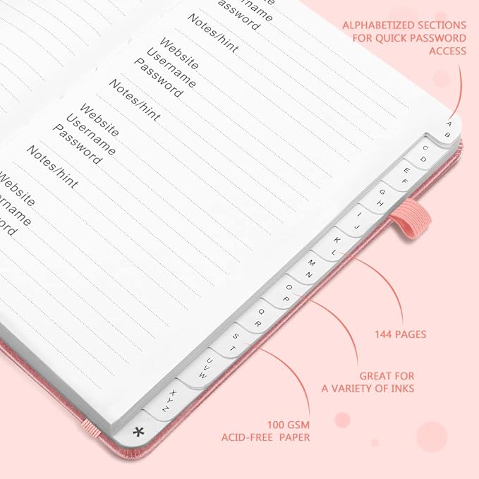 JUBTIC Password Book with Alphabetical Tabs. Medium Size Password Notebook for Internet Website Address Log in Details. Hardcover Password Journal & Organizer for Home Office, Rose Gold