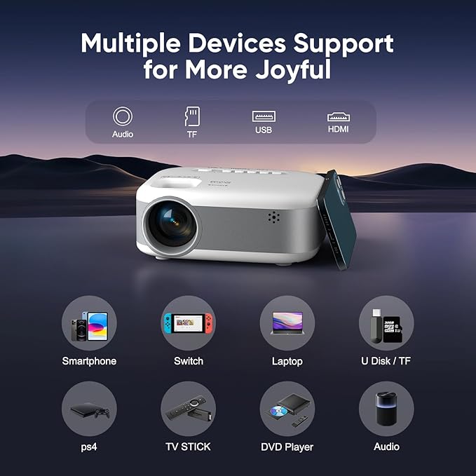 Mini Projector, 2025 Upgraded 1080P HD Projector, Portable Projector with Bluetooth, Movie Projector Compatible with Smartphone/Laptop/TV Stick/HDMI/USB