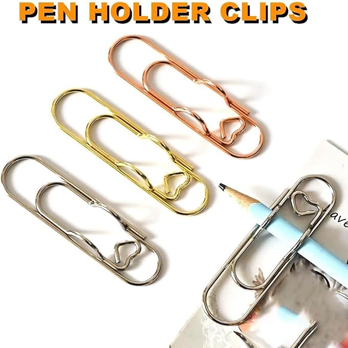 6Pcs 3 Colors Heart Pen Clip Metal Pencil Clips Multifunctional Rose Gold Silver Carbon Steel Paperclip, Paper Clips Pen Holder for Notebook Book Journal Office School Accessories (30Pcs)