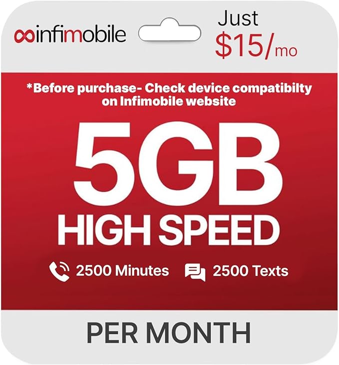 $15/Month | Infimobile Prepaid Plan: 1 Months | 5GB High-Speed Data Per Month | 2500 Minutes and 2500 Text| Prepaid Plan Service SIM Card | Nationwide Coverage | 4G, 5G V-Network