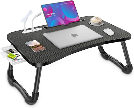 Zapuno Laptop Lap Desk, Foldable Laptop Table Tray with 4 USB Ports Storage Drawer and Cup Holder, Lap Bed Desk Notebook Stand Laptray Portable Standing Table for Bed Couch Floor