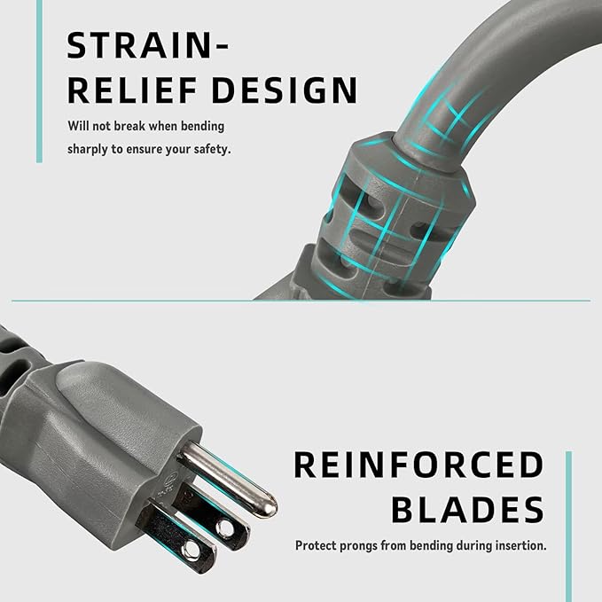 30ft Indoor Outdoor Extension Cord - 12/3 SJTW Heavy Duty Extension Cable with 3 Prong Grounded Plug for Safety -15Amp 1875W Gray Electric Cord Great for Garden, Appliances