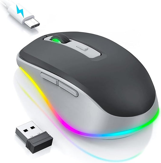 PEIOUS Wireless Mouse Jiggler - LED Wireless Mice with Build-in Mouse Mover, Rechargeable Moving Mouse for Laptop with Undetectable Random Movement Keeps Computers Awake - Black & Grey