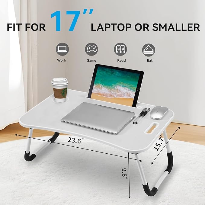 BUYIFY Folding Lap Desk, 23 Inch Portable Wood Grey Laptop Bed Desk Lap Desk with Cup Holder, for Working Reading Writing, Eating, Watching Movies for Bed Sofa Couch Floor