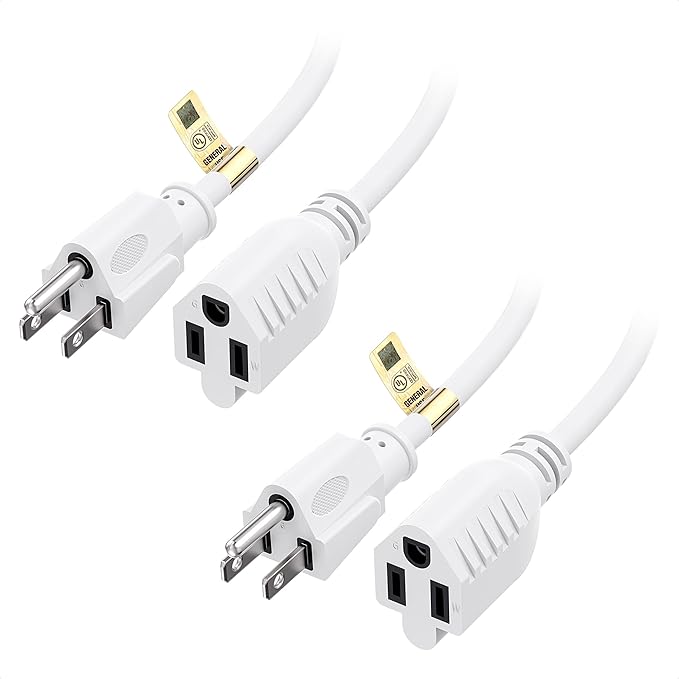 Cable Matters [UL Listed] 2-Pack 16 AWG Heavy Duty 13A Power Extension Cord - 6ft, 3 Prong Power Cord Extension, NEMA 5-15P to NEMA 5-15R, White