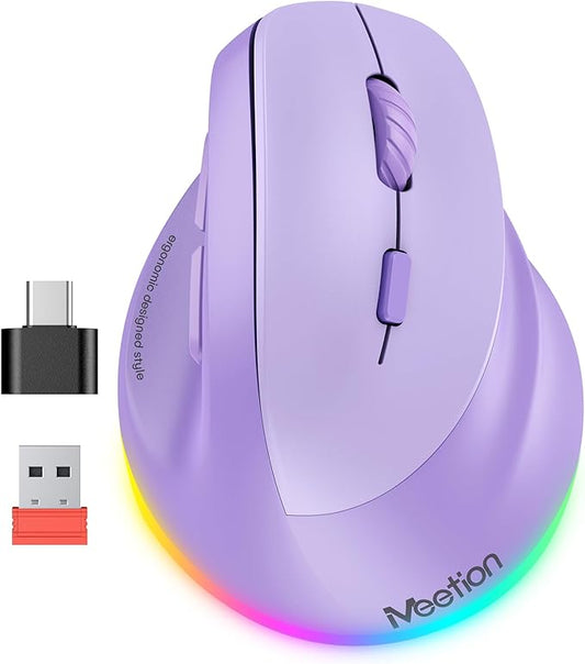 MEETION Ergonomic Mouse, Wireless Vertical Mouse RGB Backlit Rechargeable Mice for Bluetooth(5.2 + 3.0) & USB-A with USB-C Adapter 4 Adjustable DPI Compatible Mac/Windows/Andriod/PC/Tablet/iPad Purple
