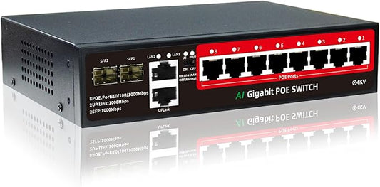 STEAMEMO 8-Port Gigabit PoE Switch | 2×Gigabit Uplinks + 2×1.25G SFP, AI VLAN Mode, 802.3af/at@120W, Unmanaged Metal Plug & Play (Desktop/Wall Mount)