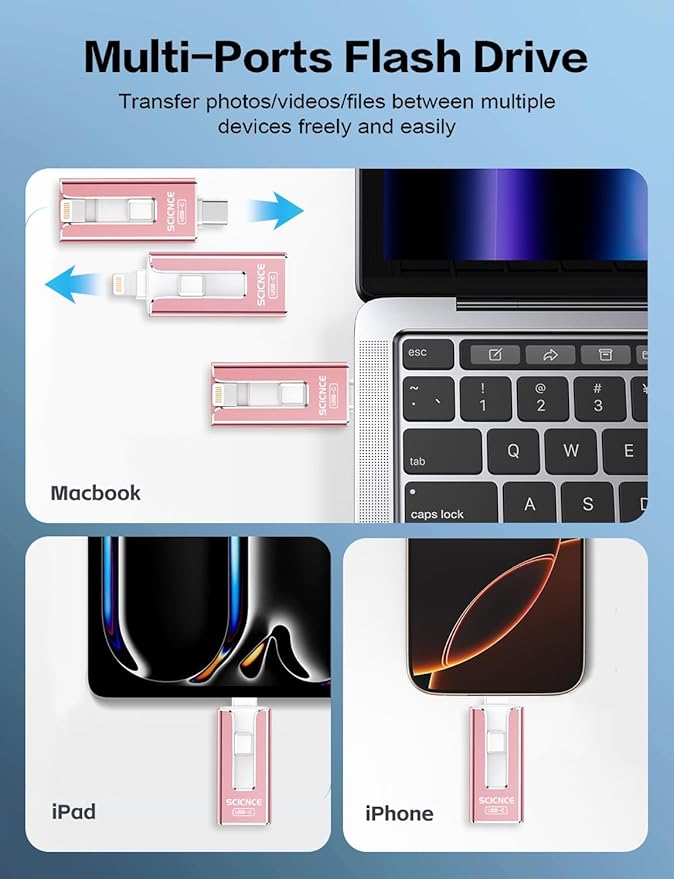 SCICNCE 256GB Flash Drive Intended for iPhone, USB Memory Stick Storage Backup for Photos Videos, Plug and Play No APP Required, Compatible with iPhone iPad Android and Computers (Pink)