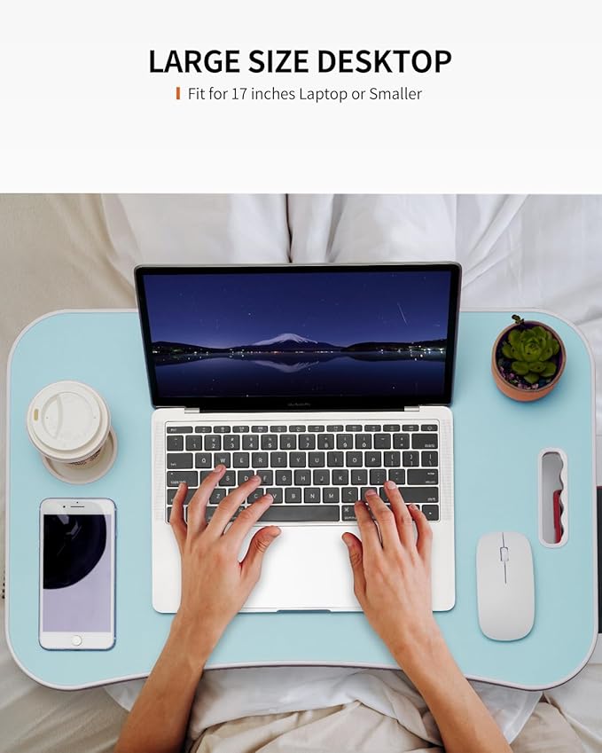 Foldable Laptop Table, Portable Lap Desk Bed Table Tray, Laptop Stand with Cup Holder & Tablet Slot & Lifting Handle for Working Writing Drawing & Eating (Blue)