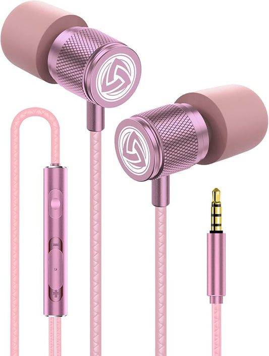 LUDOS Ultra Wired Earbuds in-Ear Headphones, 5 Years Warranty, Earphones with Microphone, Noise Isolating Ear Buds, Memory Foam for iPhone, Samsung, School Students, Kids, Women, Small Ears - Pink