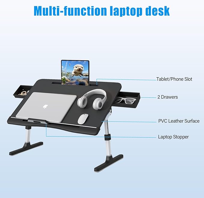 Bed Desk for Laptop, Adjustable Lap Desk with 2 Storage Drawers, Premium PVC Leather, Foldable Laptop Table for Eating, Working, Writing and Drawing