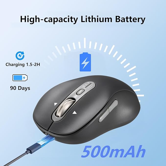 Wireless Bluetooth Mouse, Portable Rechargeable, Multi-Device,4-Level DPI,USB-A Receiver and Two Bluetooth, Multi-System,4-Way Scrollig for MacBook Air/Pro, iPad, Laptop, Computer. (Grey)