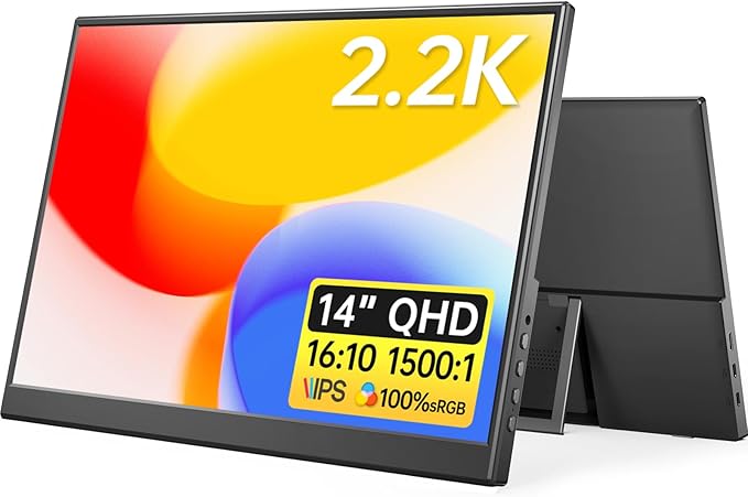 Yxk Portable Monitor 14 inch 2.2K QHD USB C HDMI Ultra-Slim IPS Travel Display & Speakers, HDR Plug&Play, External Monitor for Laptop PC, Phone,Mac
