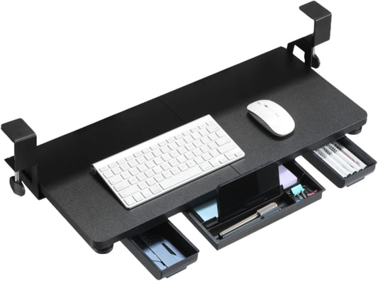 Keyboard Tray Under Desk with Drawer,26.77" X 11.81" Keyboard Tray Large Size with C Clamp-on Mount, Easy to Install, Save Space for Office Desk (Black)
