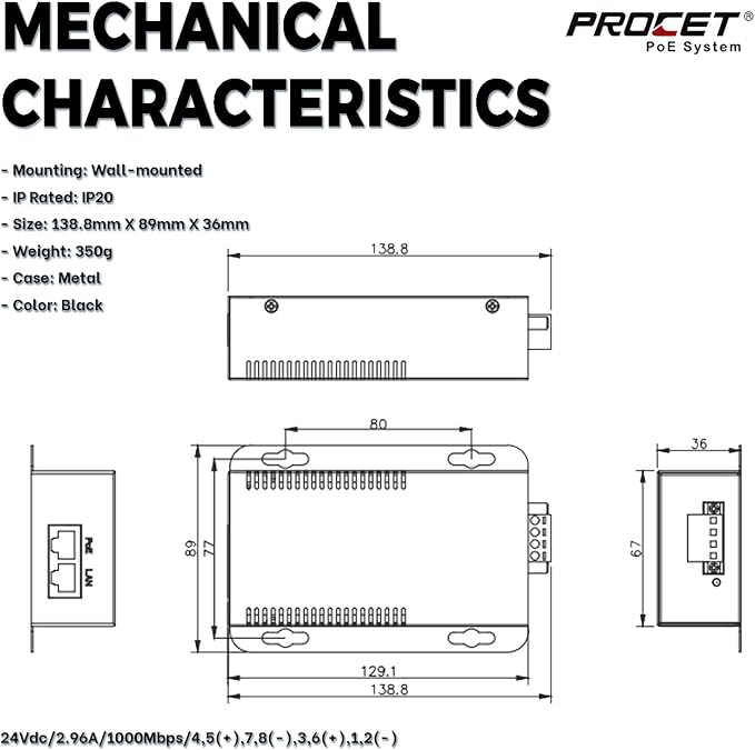 PROCET Gigabit PoE Splitter 12V/5.95A, IEEE802.3af/at/bt Compliant 10/100/1000Mbps Ethernet Splitter for 71.4W Non-PoE PDs, High Power Communication Station/Wireless APs/, PT-PD208GBH-12