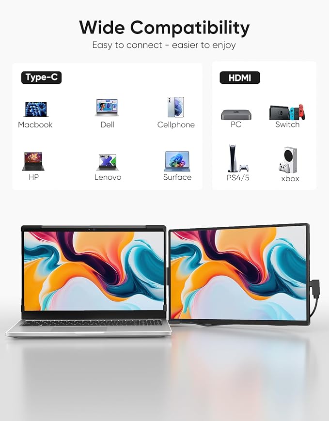 Laptop Screen Extender, 14" FHD 1200P IPS External Portable Monitor for Laptop, Plug & Play Dual Screen Monitor for 14"-17" Laptops, Compatible with Mac, Wins, Chrome, Android, Dex