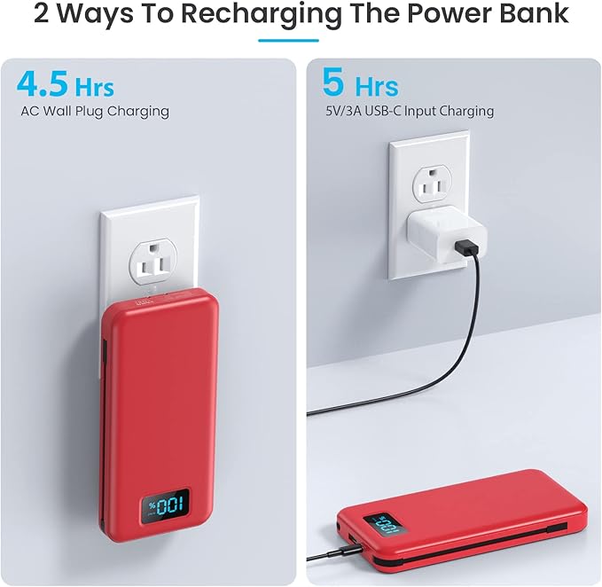 Portable Charger with Built-in Cables & AC Wall Plug,Ultra Slim 13800mAh USB-C Power Bank, 4 Output 2 Input LCD Display External Battery Pack Phone Charger Compatible with iPhone Samsung Android -Red