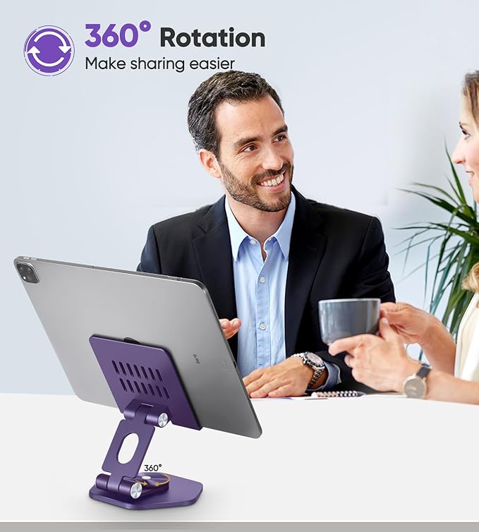 Foldable Aluminum Tablet Stand for Desk, 360° Swivel iPad & Tablet Holder – Portable & Stable Desktop Mount for 5–12.9in Devices, Purple