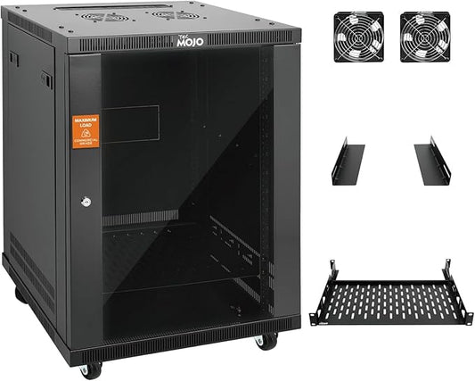 Tecmojo 15U Wall Mount Rack,15U Rack 17.7 Inch Depth,Hold Up to 176 Lbs,Enclosed Wall Mount Rack Kit for 19 Inch Network,Server and AV Gear,Glass Door(Elite Collection)