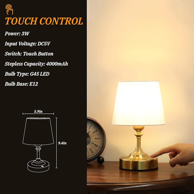 Kakanuo Mini Cordless Table Lamp Gold - 1 Pack 4000mAH Battery Operated Lamp for Decor, 3000K Stepless Dimming Touch Control Rechargeable Lamp for Bedroom, Dining Table, Counter, Living Room