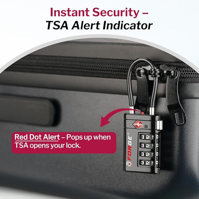 Forge TSA Approved Luggage Locks 4 Digit Combination TSA Travel Locks with TSA008, Open Alert Indicator, Zinc Alloy Body for Luggage, Suitcase, Backpack, and More. 2 Black Locks and 2 TSID.