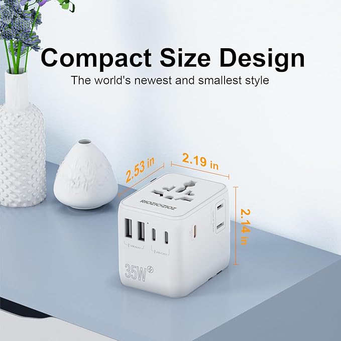 GaN III Universal Travel Adapter, 35W PD Charging with 7 Ports, Worldwide Plug for EU/US/UK/AU/JP, Portable Charger for Business and Vacation Travel