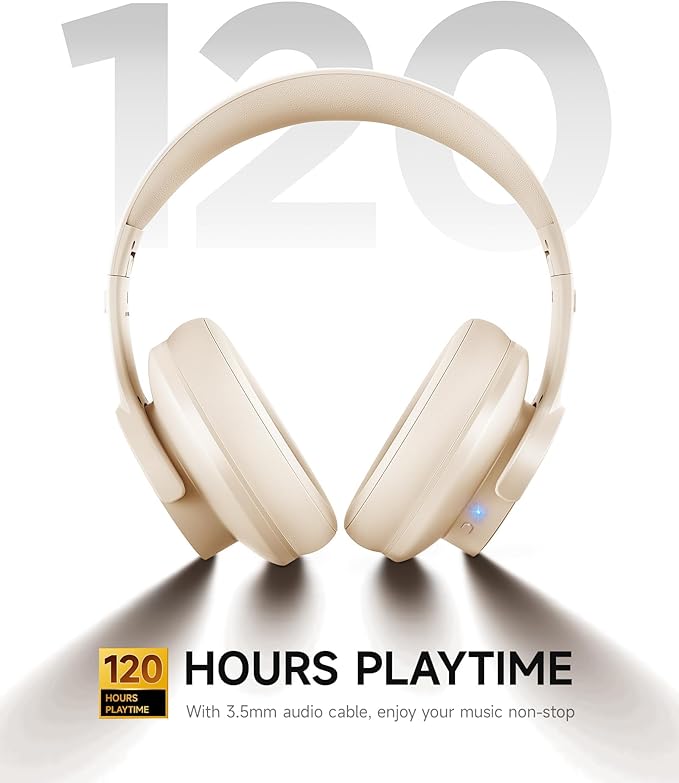 Picun B8 Bluetooth Headphones, 120H Playtime Headphone Wireless Bluetooth with 3 EQ Modes, Low Latency, Hands-Free Calls, Over Ear Headphones for Travel Home Office Cellphone PC Khaki White
