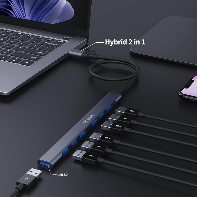 USB C Hub, ONTEN USB C USB to USB Adapter, USB C to USB A Hub, 7 Ports USB-C USB to USB Hub 3.0/2.0, for MacBook Pro, iMac 2021, USB Splitter Aluminum Alloy, Color Gray