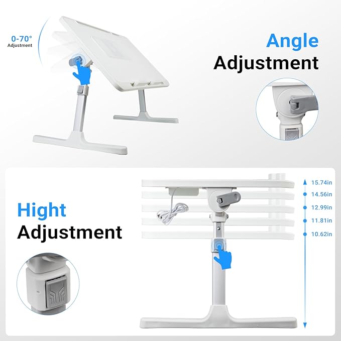 Laptop Lap Desk with Cooling Fan - Adjustable with Light, USB, Storage Drawer - Folding Bed Desk,23.62"*15.74",White