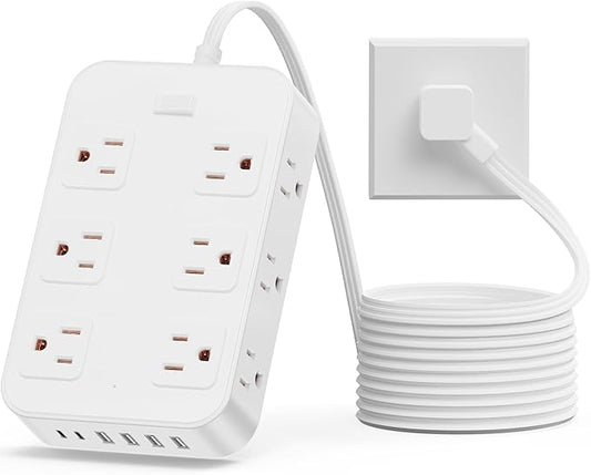 Flat Plug Power Strip Surge Protector with 12 AC Outlets 6 USB Ports 3 Side Multi Plug Outlet Extender 10 Ft Extension Cord for Home Office Kitchen Dorm Wall Desk Charging Station ETL Listed