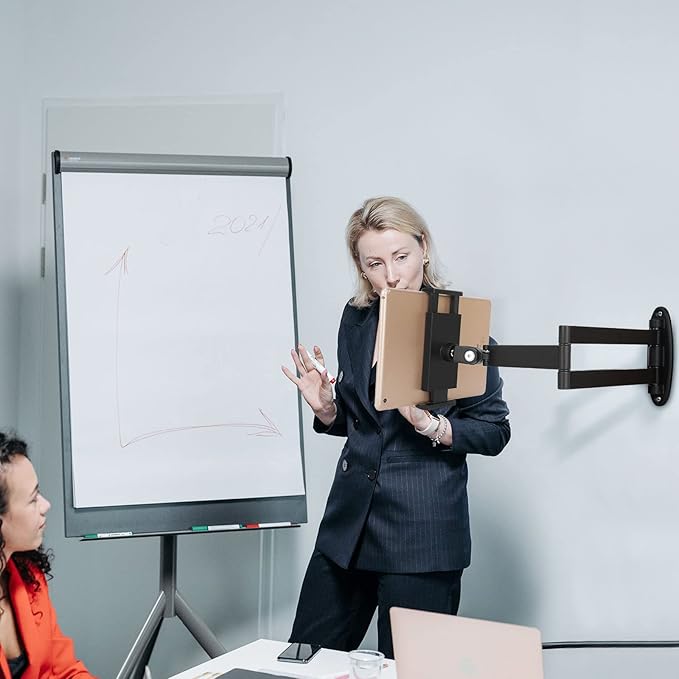 Tablet Wall Mount with Adjustable Long Arm Hinge 360° Swivel Bracket for 4.7 to 12.9 inch Tablet or Phone（Black）