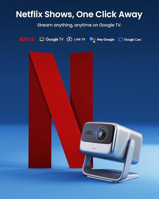 JMGO N1S Pro Triple Laser 4K Projector with WiFi and Bluetooth, 2250 ISO Lumens, 1600:1 Contrast, GTV, 360° Real-time Auto Focus, 300", HDR10, Dolby Digital Plus, Portable for Home Outdoor