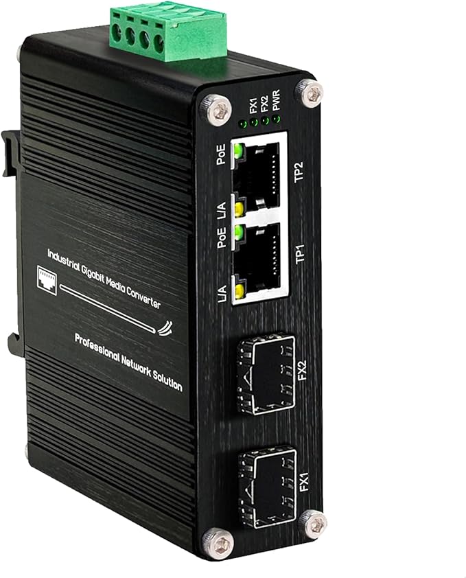 Mini 2-Port PoE Gigabit Ethernet Switch with Dual SFP Ports - Industrial-Grade Unmanaged Switch, 12~48VDC Input, 30W PoE+, Din-Rail or Wall Mount,Fast Connection,Plug and Play,Rugged Metal Case
