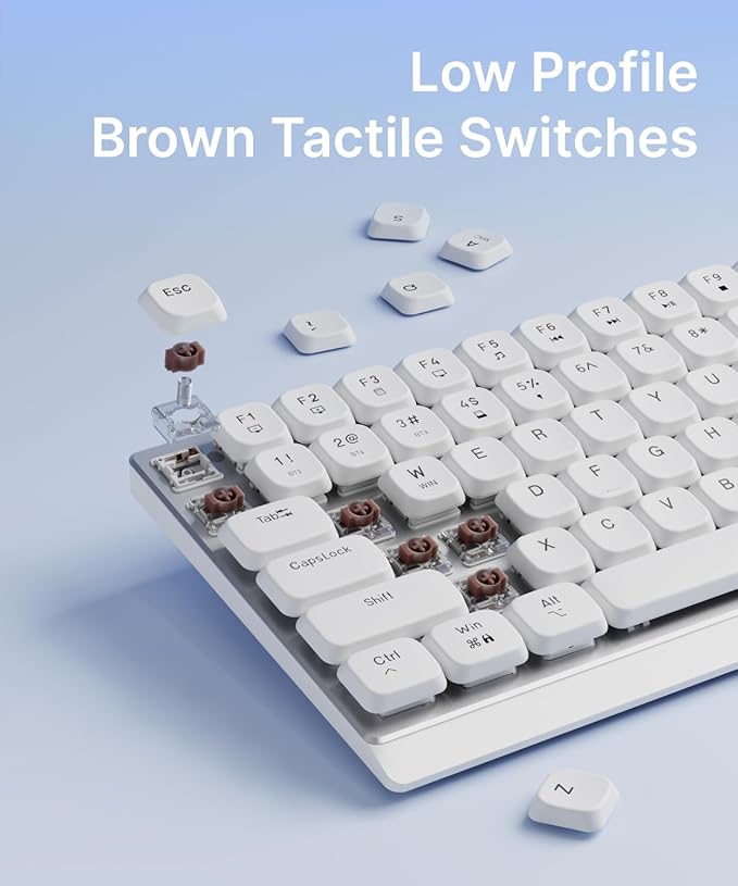 EWEADN MK84 75% Wireless Low Profile Mechanical Keyboard Tri-Mode Connect with White Backlight Mechanical Keyboards Wireless, Brown Switch Bluetooth/2.4GHz/USB-C Wired Cute Keyboard-White