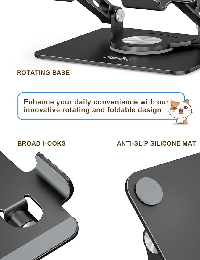 Tablet Stand 360° Rotating Aluminum Holder, Adjustable, Portable and Foldable Monitors Stand for iPads, Compatible with 4-12.9" Tablets, Ink Black