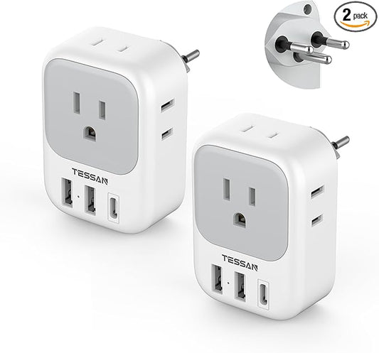 Switzerland Power Adapter 2 Pack, TESSAN Type J Adaptor with 4 Outlets 3 USB Charging Ports(1 USB C), Swiss Travel Plug for US to Switzerland, Liechtenstein, Rwanda